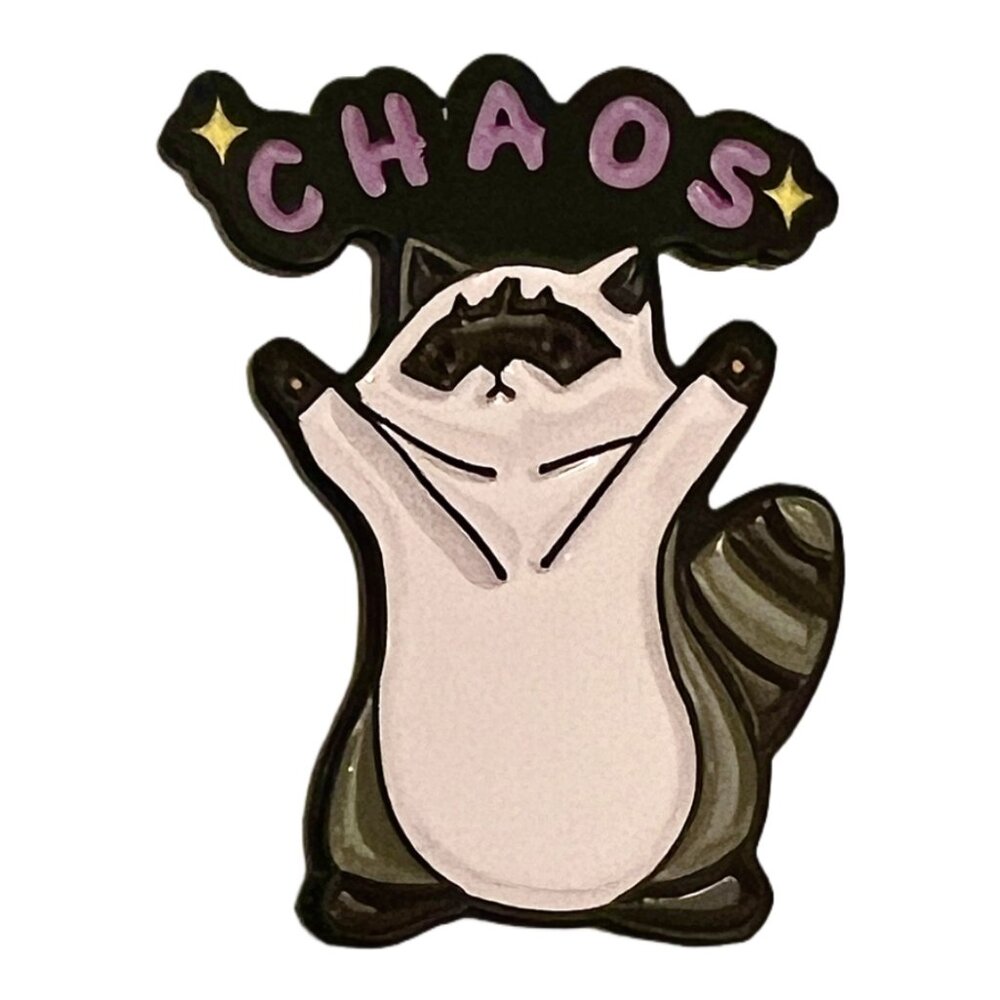 🧷Enamel Pin - Raccoon with "CHAOS" - Black Backing